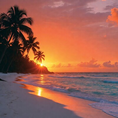 Sunset over tropical beach with palm trees
