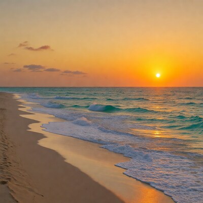 Sunset over turquoise ocean beach