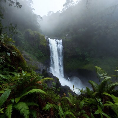 Misty Waterfall in Tropical Jungle