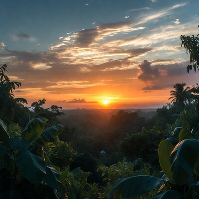 Sunset over tropical jungle landscape