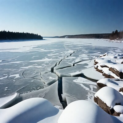 Cracked Ice on Frozen River Shore