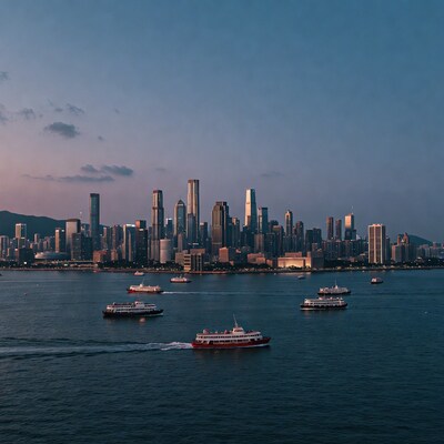 Hong Kong skyline with ferries at dusk