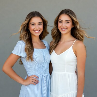 Two smiling teenage girls in dresses