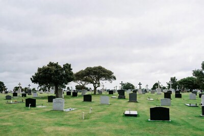 Cemetery with gravestones and trees