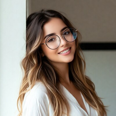 Smiling woman in glasses with balayage hair