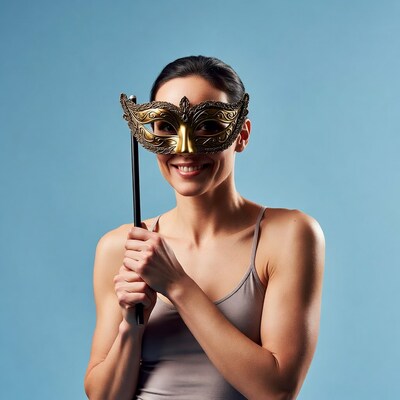 Woman holding gold masquerade mask