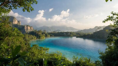 Turquoise lake surrounded by cliffs and jungle