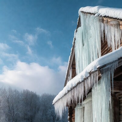 Snowy Wooden House Roof with Icicles