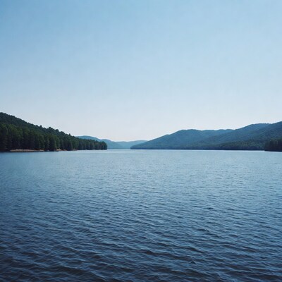 Serene lake between forested mountains