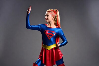 Girl in Supergirl costume waving
