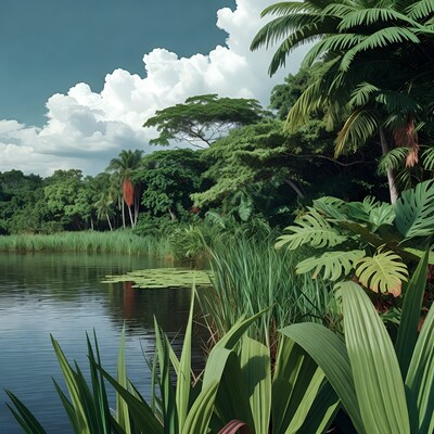 Tropical lake with palms and reeds