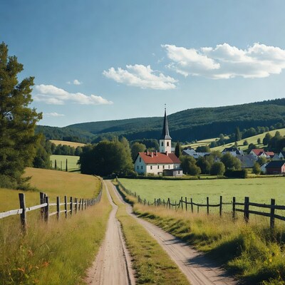 Country path to church in green valley
