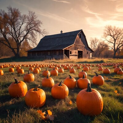 Pumpkin patch by old barn sunset