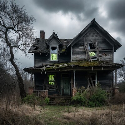 Abandoned haunted house with glowing windows