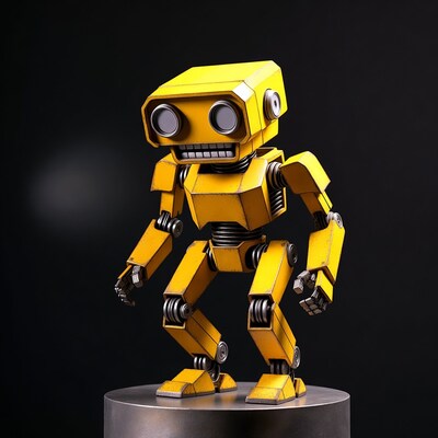 Yellow smiling robot on pedestal