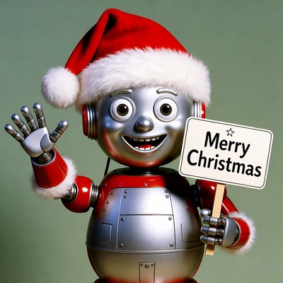 Robot Santa waving Merry Christmas sign