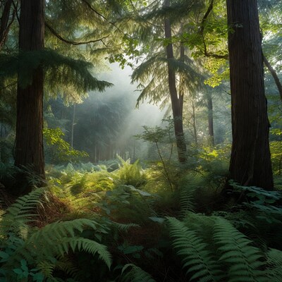 Sunlit Fern Forest with Towering Cedars