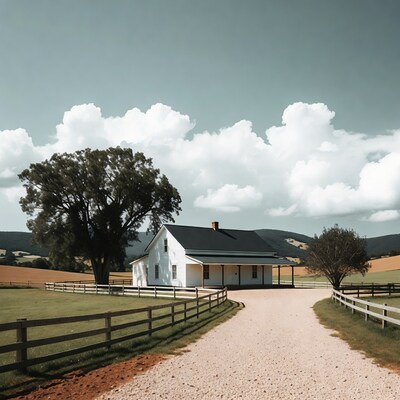 White farmhouse by large tree