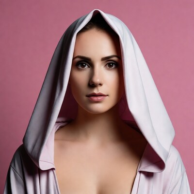 Woman in white hood pink background