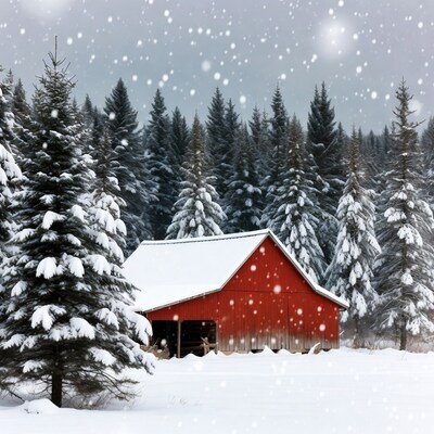 Red barn in snowy forest
