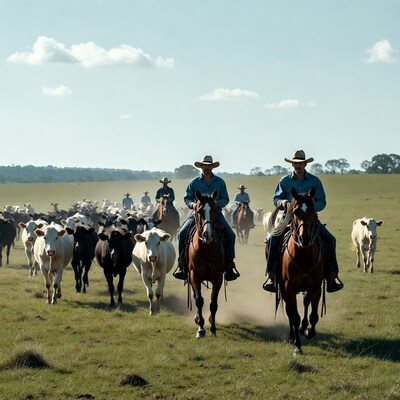 Cowboys herding cattle on horseback