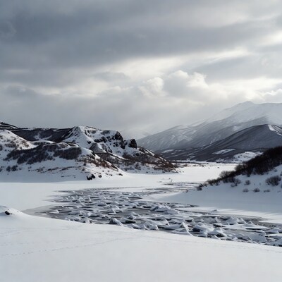 Snowy River with Ice Chunks in Mountains