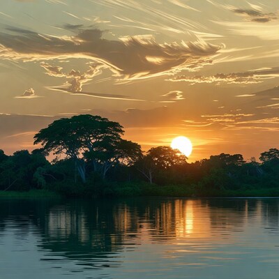 Sunset over lake with trees