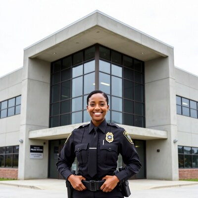 African-American female police officer in front of station