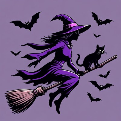 Witch flying on broom with cat