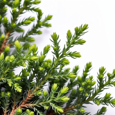 Green juniper branches on white background