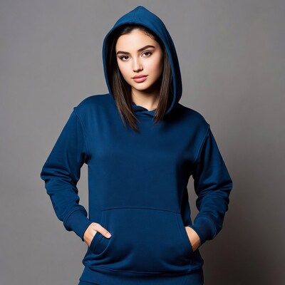 Woman in blue hoodie with hands in pockets
