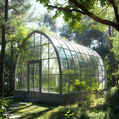 Glass Greenhouse in Forest