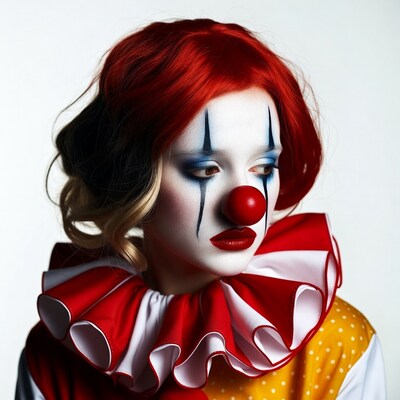 Woman in red-nose clown costume