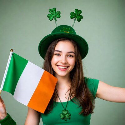 Girl in green leprechaun hat holding Irish flag