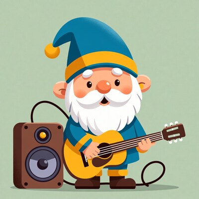 Gnome playing guitar with speaker