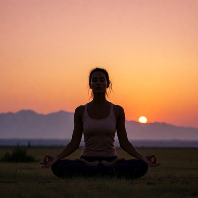 Woman meditating in lotus pose at sunset