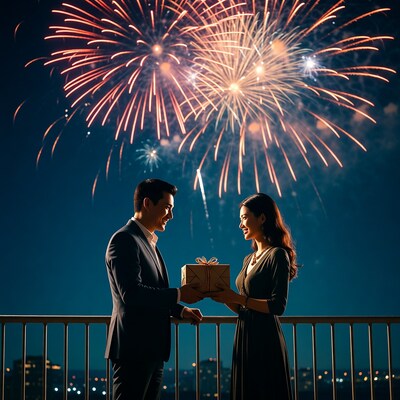 Asian couple exchanging gift with fireworks