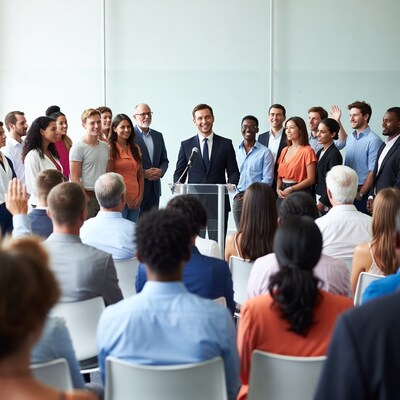 Man speaking at podium to diverse audience