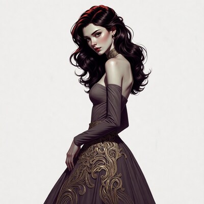 Woman in ornate purple gown