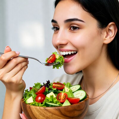 Woman eating fresh salad