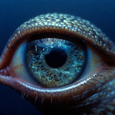Reptilian Eye with Underwater Fish