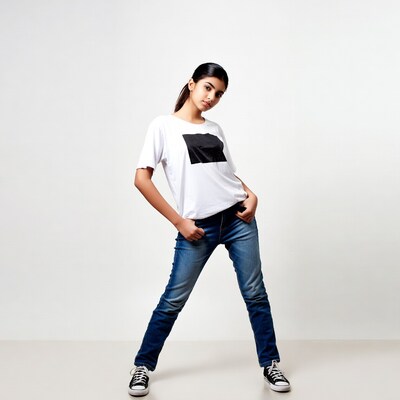 Indian girl posing in white t-shirt jeans