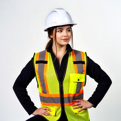 Young woman in hard hat and safety vest