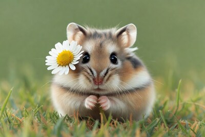 Hamster holding daisy flower