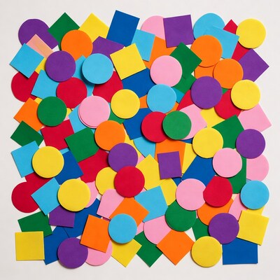 Colorful foam shapes scattered on white