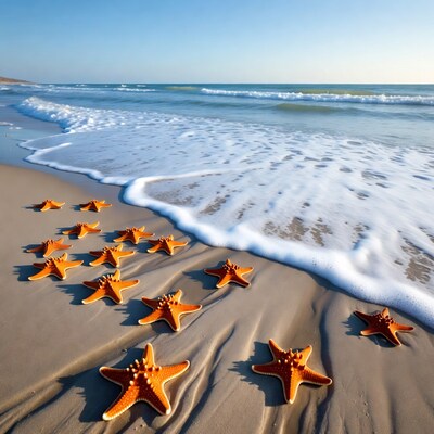 Orange starfish on beach by waves