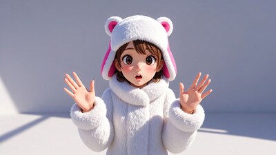 Anime girl in bear hat surprised expression
