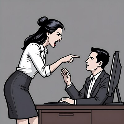 Angry woman scolding man at desk