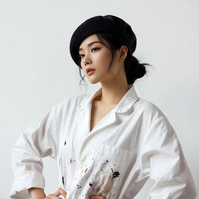 Asian woman in beret and paint-splattered shirt