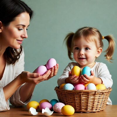 Mother and toddler holding Easter eggs